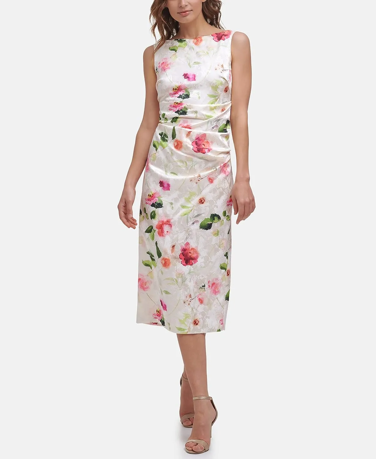 Eliza J Women's Midi Style Stretch Jacquard Boat Neck Printed Floral Dress