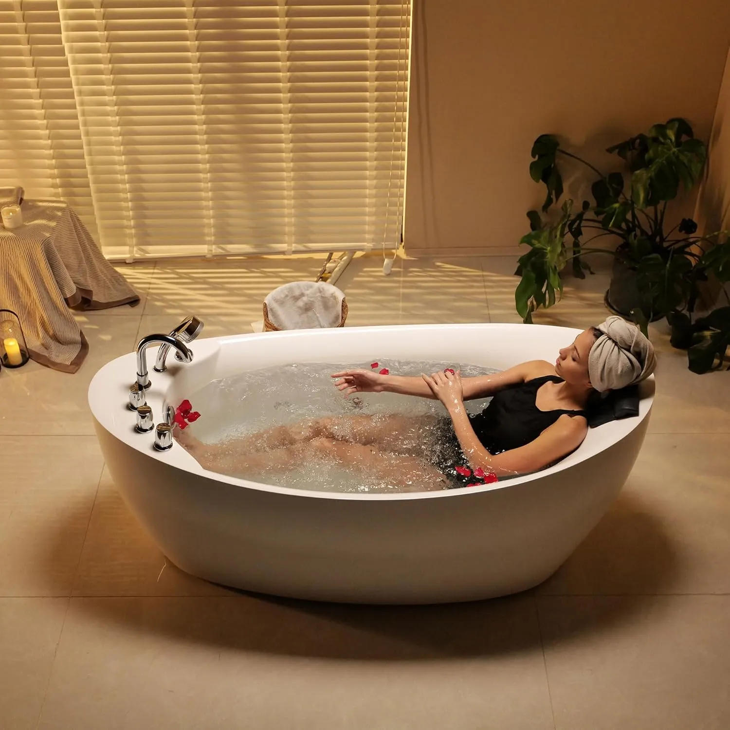 Empava 67" x 31" Freestanding Whirlpool Tub with Left/Right Drain,560W Stand Alone Bathtub with 7 Hydromassage Jets, Elegant Boat-Shaped,Acrylic,ETL Certified