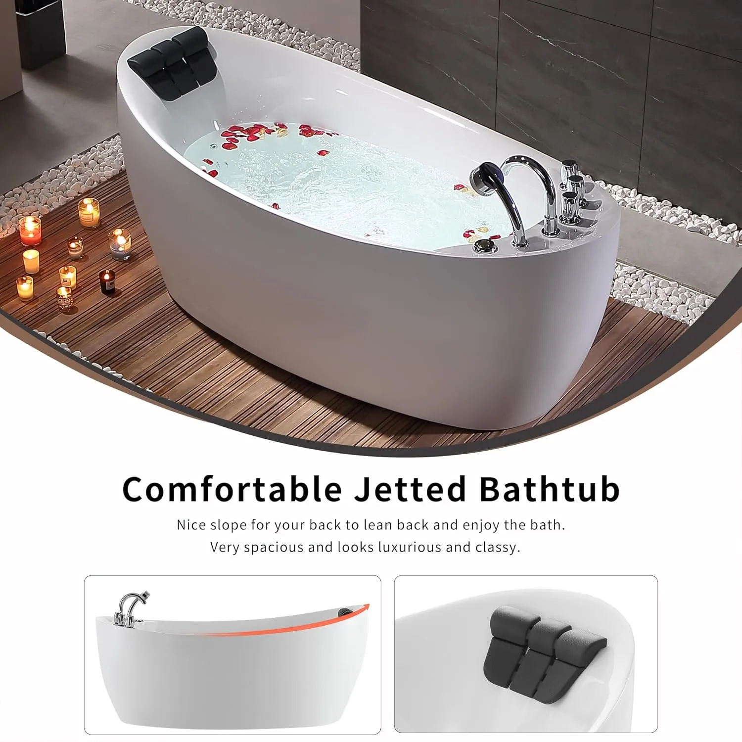 Empava 67" x 31" Freestanding Whirlpool Tub with Left/Right Drain,560W Stand Alone Bathtub with 7 Hydromassage Jets, Elegant Boat-Shaped,Acrylic,ETL Certified