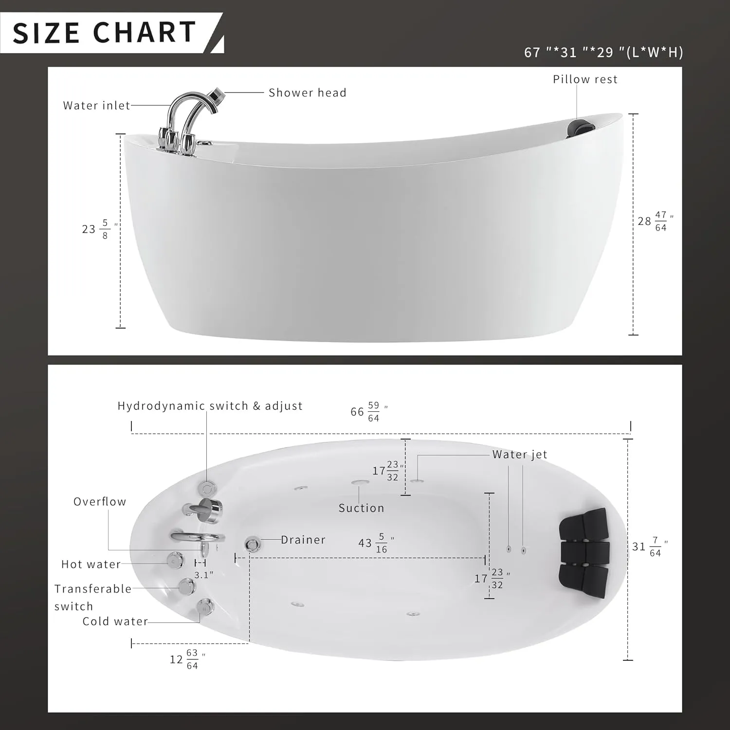 Empava 67" x 31" Freestanding Whirlpool Tub with Left/Right Drain,560W Stand Alone Bathtub with 7 Hydromassage Jets, Elegant Boat-Shaped,Acrylic,ETL Certified