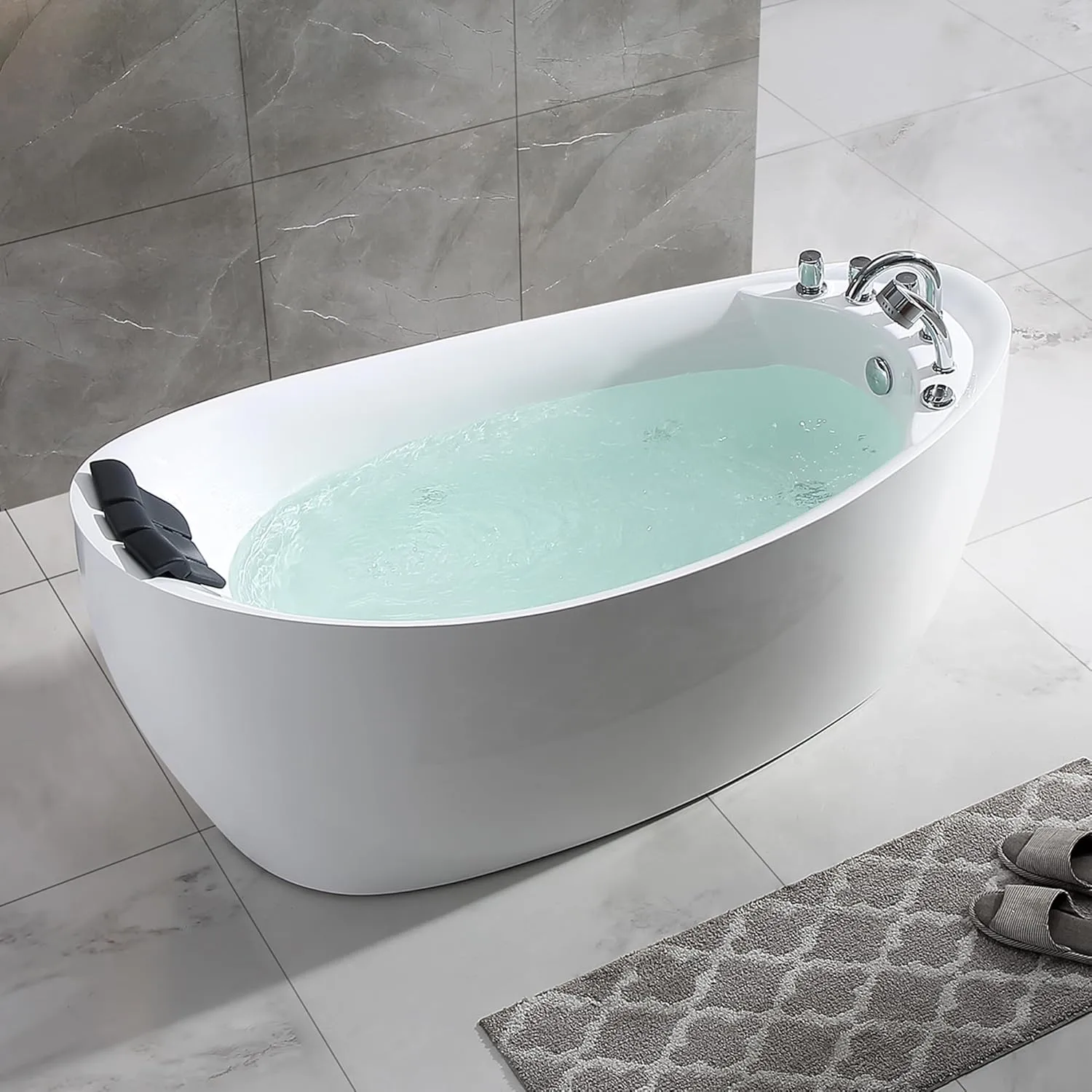 Empava 67" x 31" Freestanding Whirlpool Tub with Left/Right Drain,560W Stand Alone Bathtub with 7 Hydromassage Jets, Elegant Boat-Shaped,Acrylic,ETL Certified