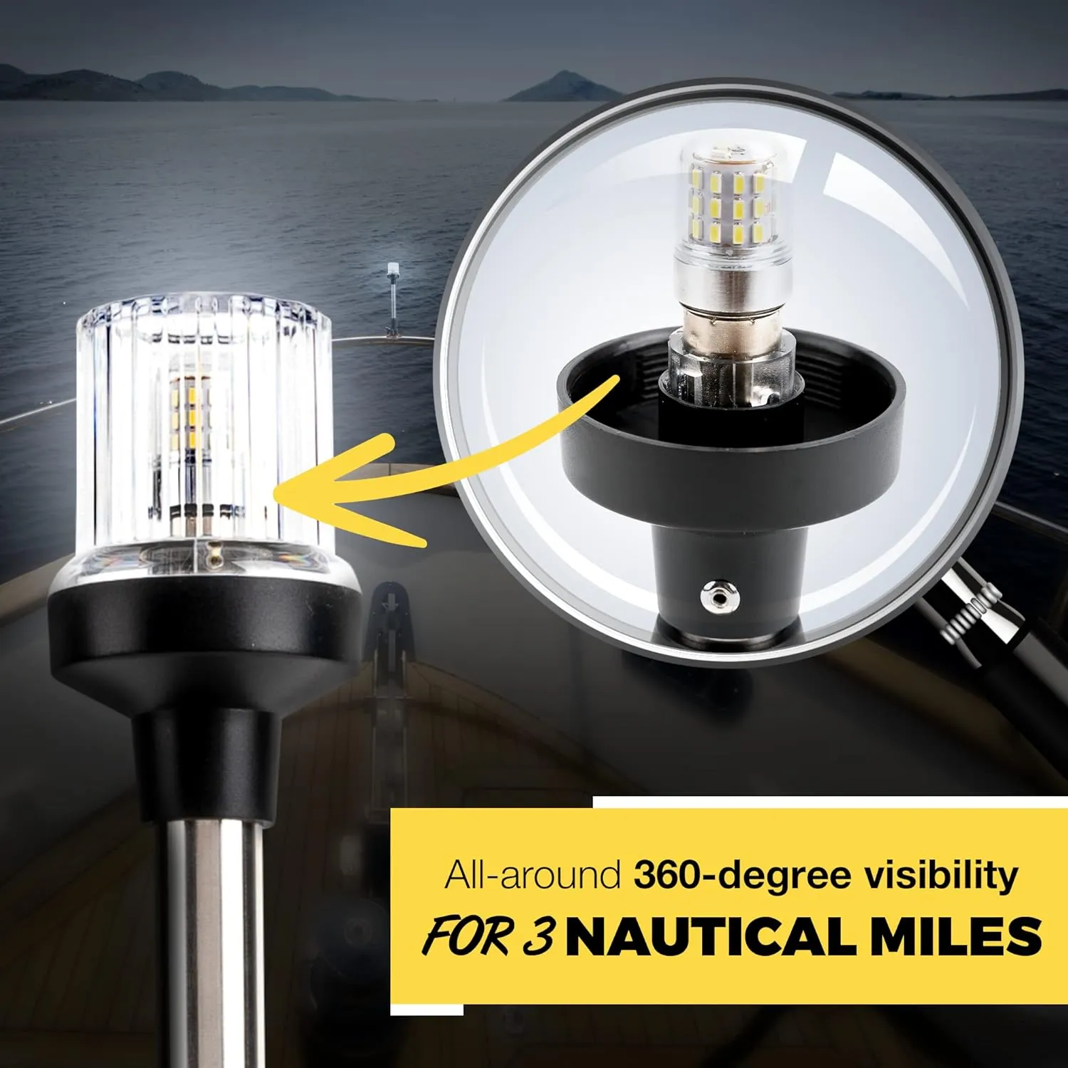 EVERBEAM P700 Adjustable Stainless Steel Anchor Light for Fishing Boats and Marine Vessels - Gives 360 Degree Visibility for 3 Nautical Miles - Weatherproof Fold Down 36pc LED inc. Fittings and Manual