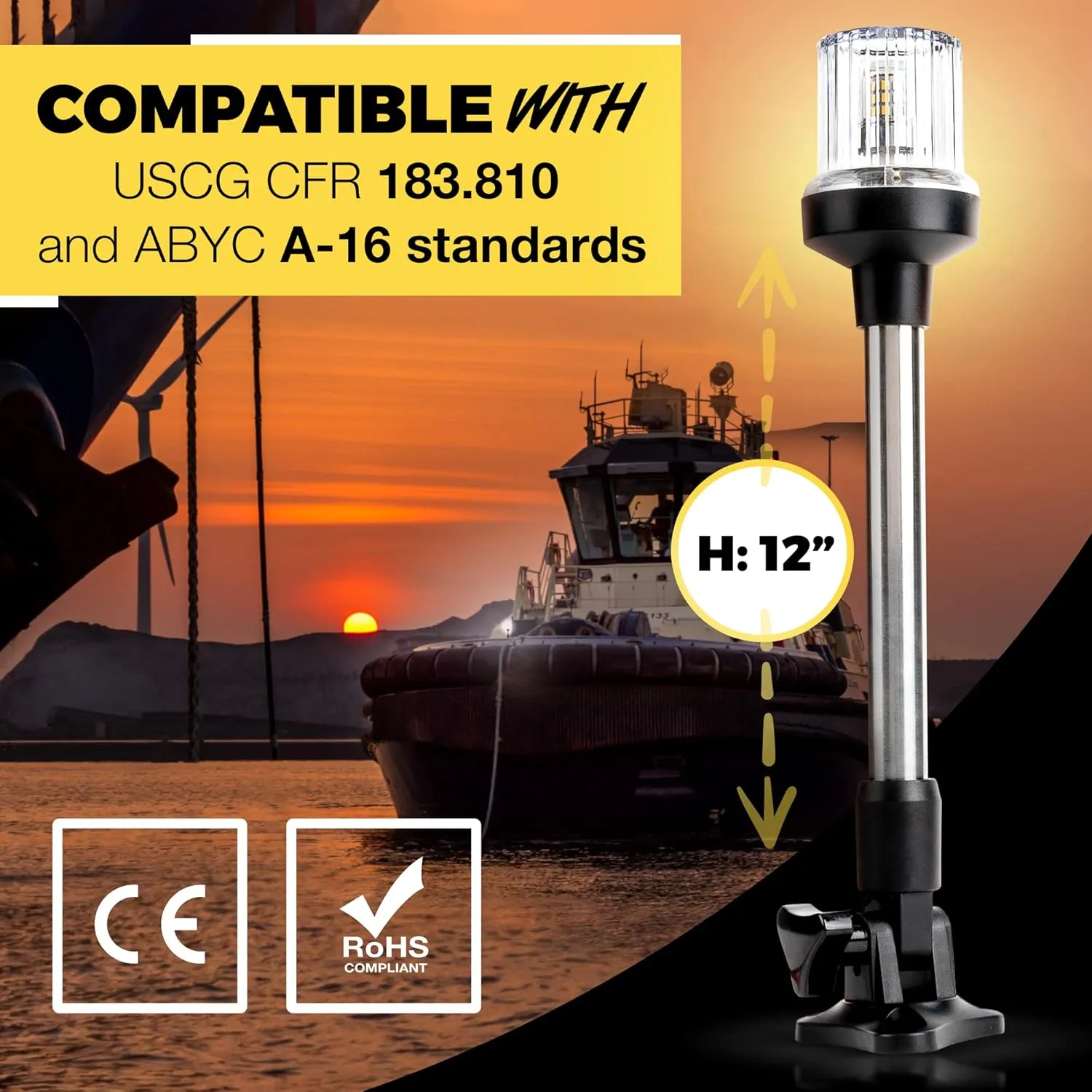 EVERBEAM P700 Adjustable Stainless Steel Anchor Light for Fishing Boats and Marine Vessels - Gives 360 Degree Visibility for 3 Nautical Miles - Weatherproof Fold Down 36pc LED inc. Fittings and Manual