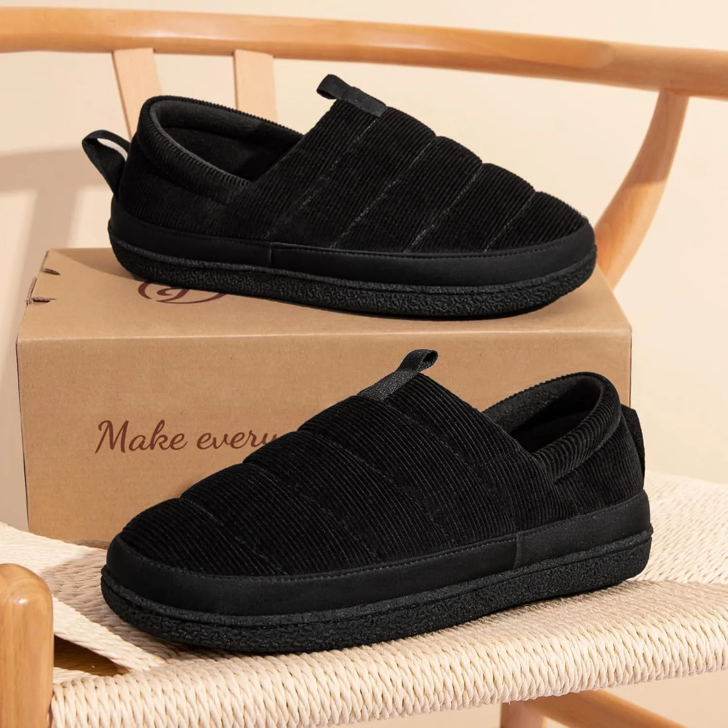 EverFoams Men's Quilted Slippers Soft Comfy Corduroy Closed-back Indoor Outdoor Memory Foam House Shoes