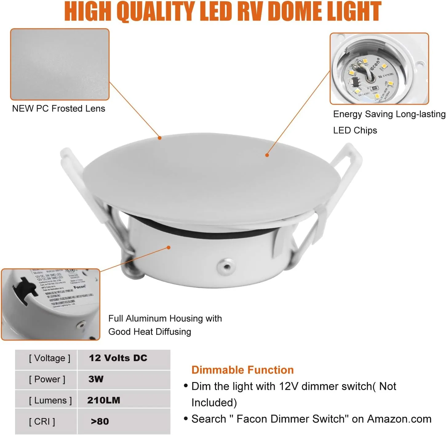 Facon 3 Inch LED RV Puck Light, DLFST3-008, Full Aluminum Recessed LED Ceiling Light, 12V Interior Light for RV Motor-Homes Camper Caravan Trailer Boat (Pack of 6)