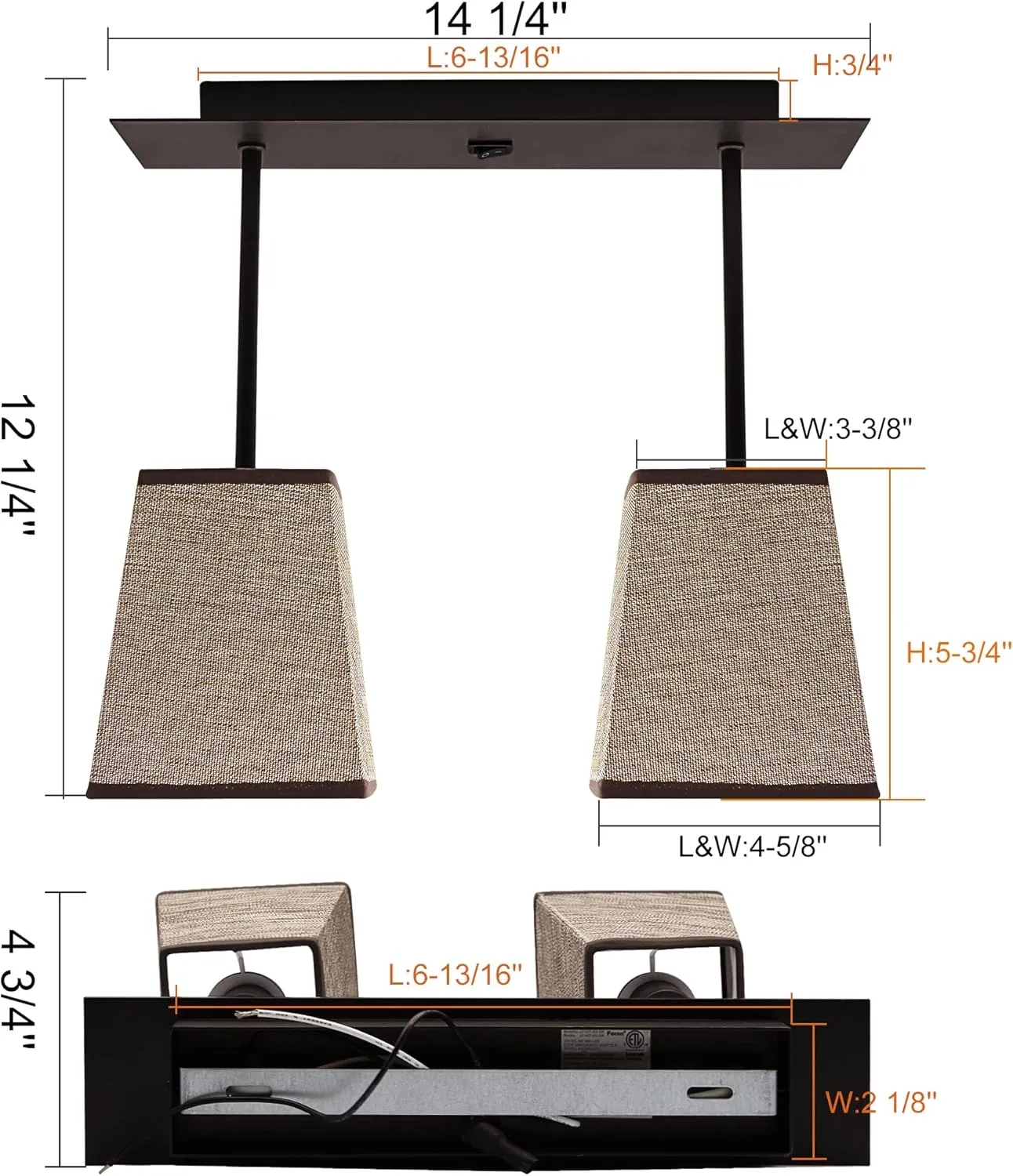 Facon RV Pendent Dining-Room Lamp with 2 Replaceable Bulbs(Included), 12V Interior Light with Switch for RV Motorhome Camper Trailer, Square Brown Fabric Shape