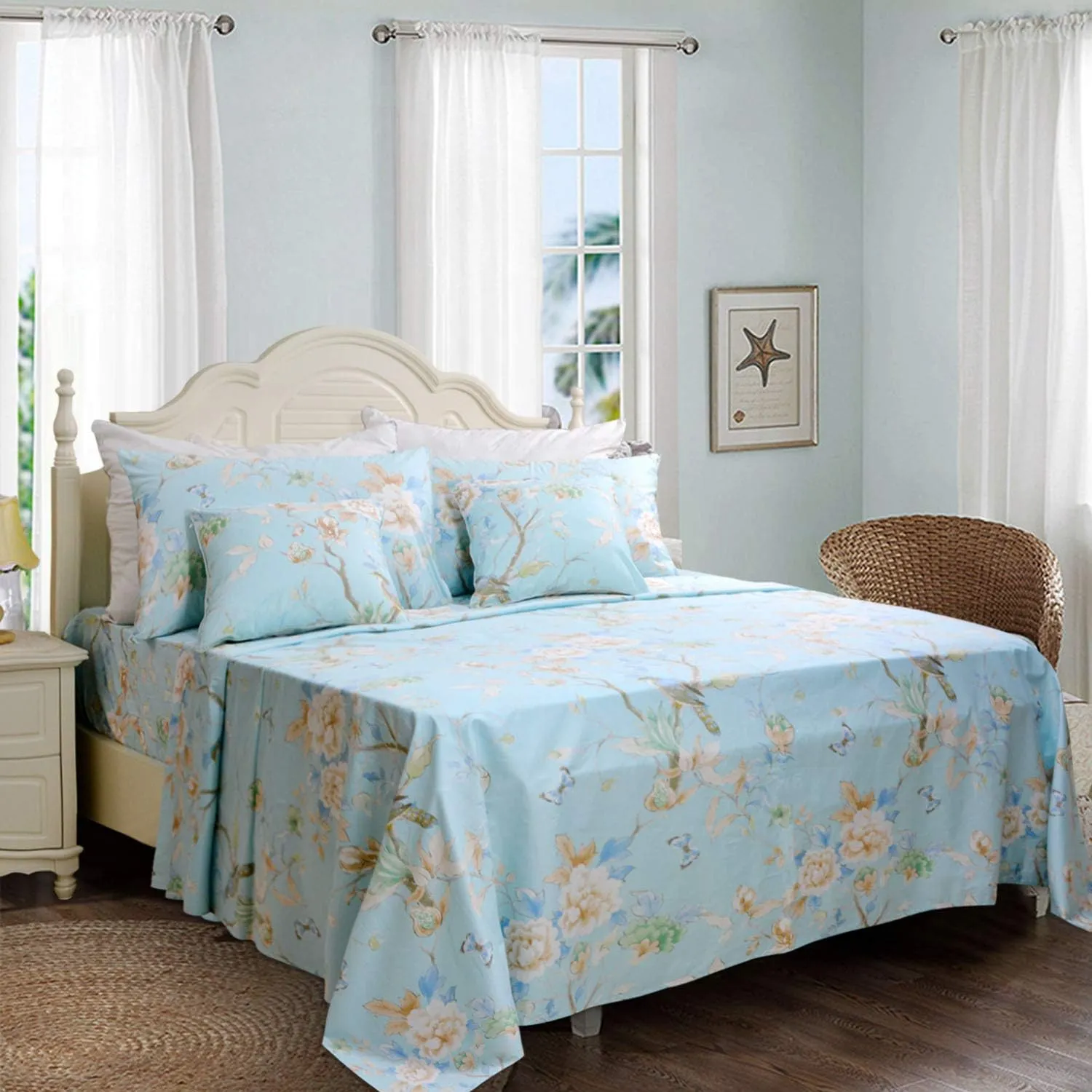 FADFAY Floral Bedding Shabby Blue Bird Print Bed Sheet Set Luxury Bedding Collections 800 Thread Count 100% Egyptian Cotton Deep Pocket, 4 Piece-King Size