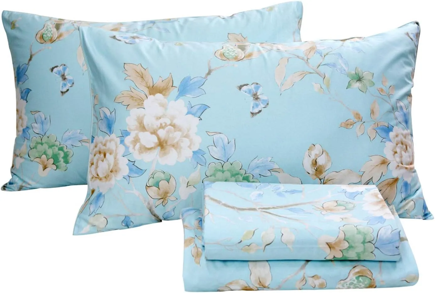FADFAY Floral Bedding Shabby Blue Bird Print Bed Sheet Set Luxury Bedding Collections 800 Thread Count 100% Egyptian Cotton Deep Pocket, 4 Piece-King Size