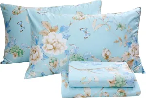FADFAY Floral Bedding Shabby Blue Bird Print Bed Sheet Set Luxury Bedding Collections 800 Thread Count 100% Egyptian Cotton Deep Pocket, 4 Piece-King Size