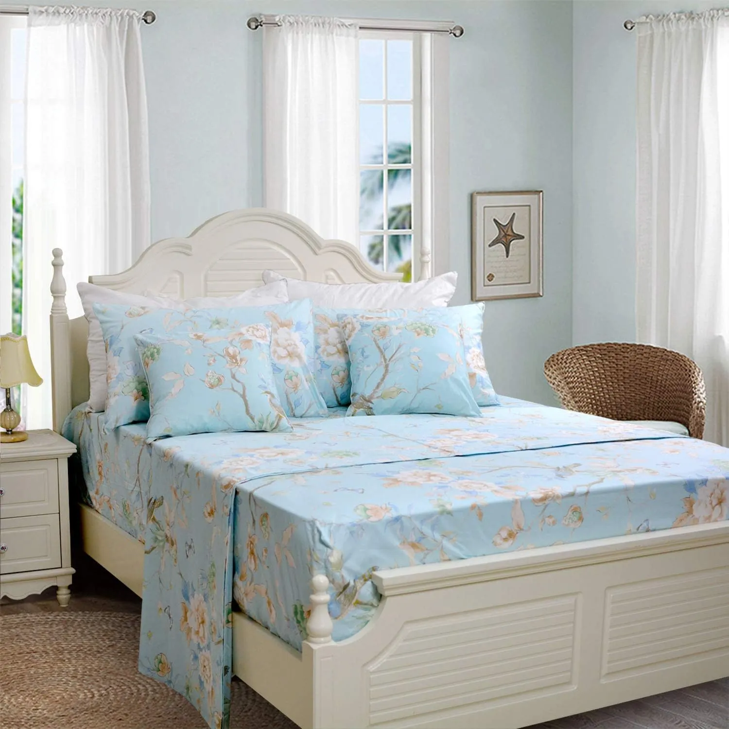 FADFAY Floral Bedding Shabby Blue Bird Print Bed Sheet Set Luxury Bedding Collections 800 Thread Count 100% Egyptian Cotton Deep Pocket, 4 Piece-King Size