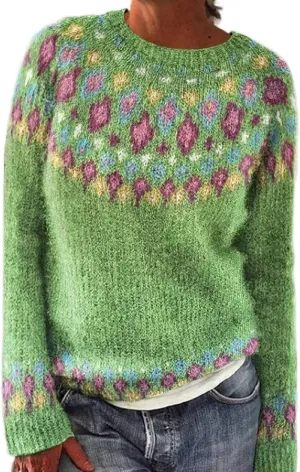 Fair Isle Sweater Women Knitted Retro Sweater Casual Loose Crewneck Long Sleeve Lightweight Cropped Pullover Tops