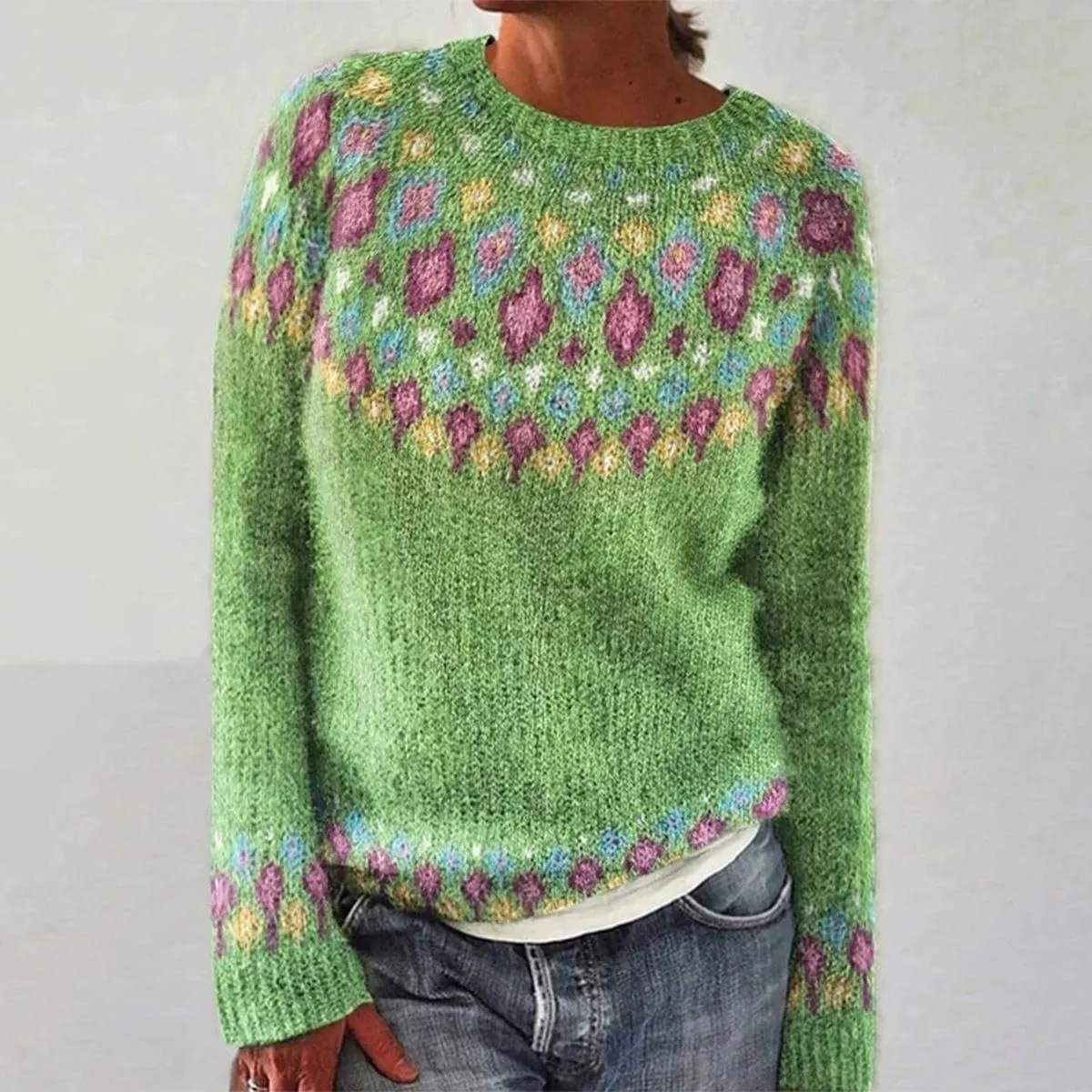 Fair Isle Sweater Women Knitted Retro Sweater Casual Loose Crewneck Long Sleeve Lightweight Cropped Pullover Tops