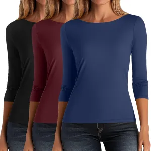 Ficerd 3 Pack Women's 3/4 Sleeve Boat Neck Cotton T Shirts Slim Fit Tight Basics Top Casual Comfy Tees