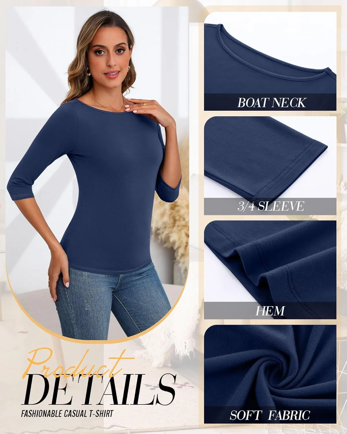 Ficerd 3 Pack Women's 3/4 Sleeve Boat Neck Cotton T Shirts Slim Fit Tight Basics Top Casual Comfy Tees