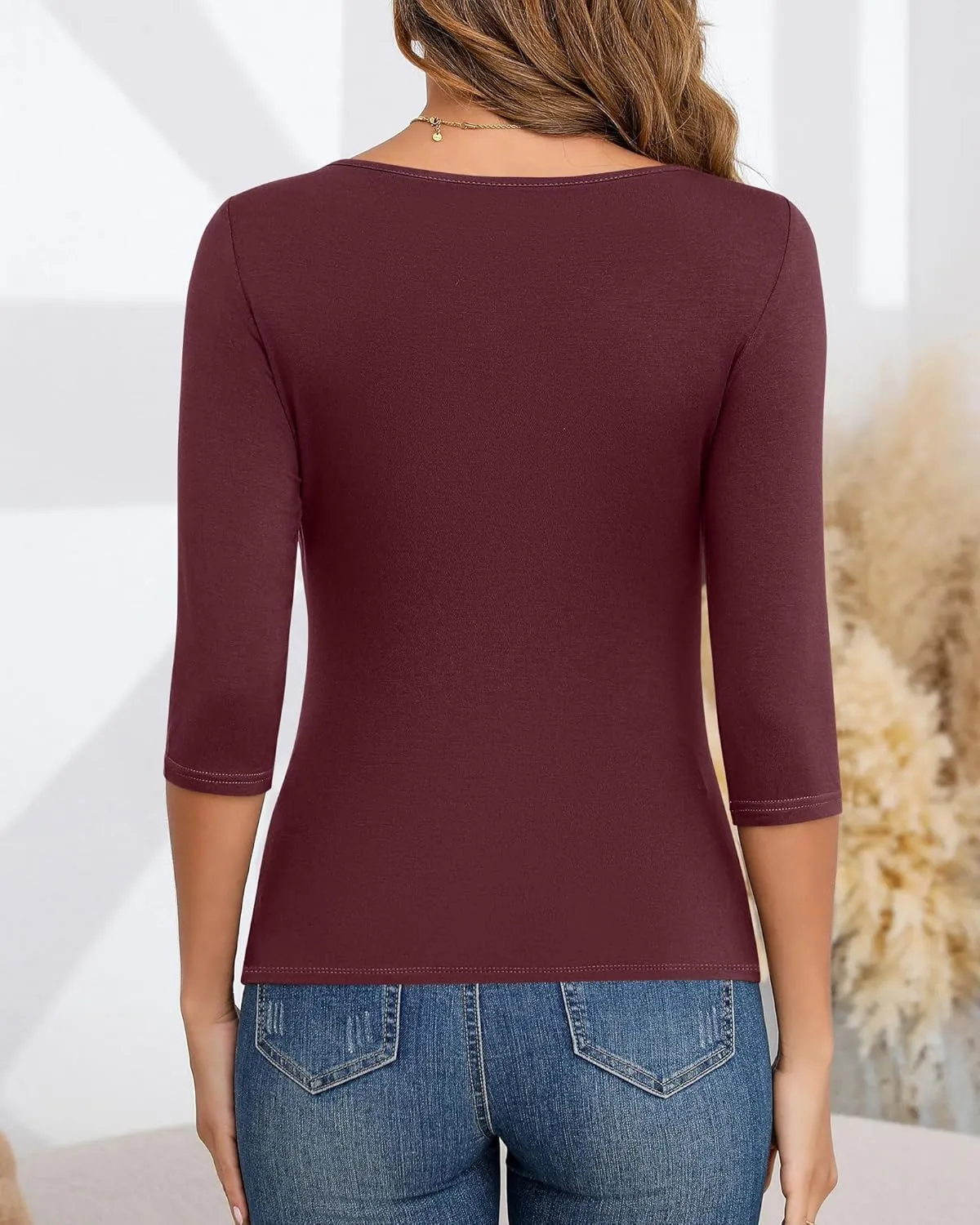 Ficerd 3 Pack Women's 3/4 Sleeve Boat Neck Cotton T Shirts Slim Fit Tight Basics Top Casual Comfy Tees