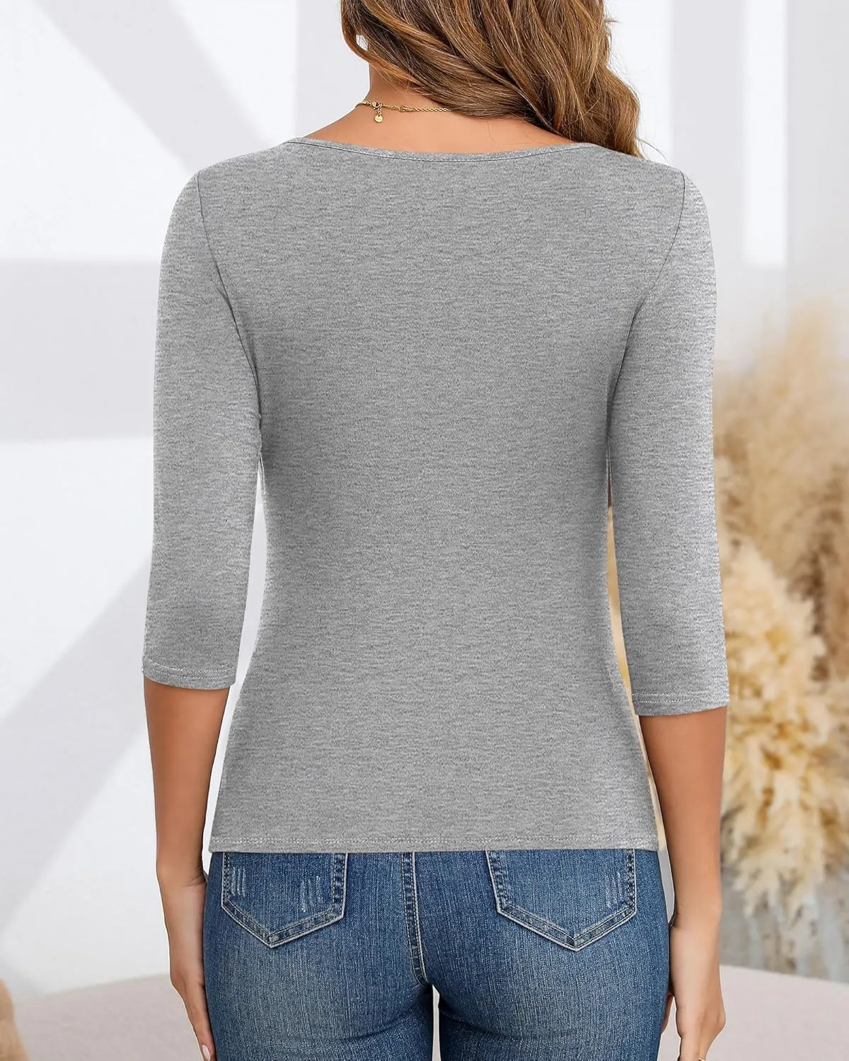 Ficerd 3 Pack Women's 3/4 Sleeve Boat Neck Cotton T Shirts Slim Fit Tight Basics Top Casual Comfy Tees