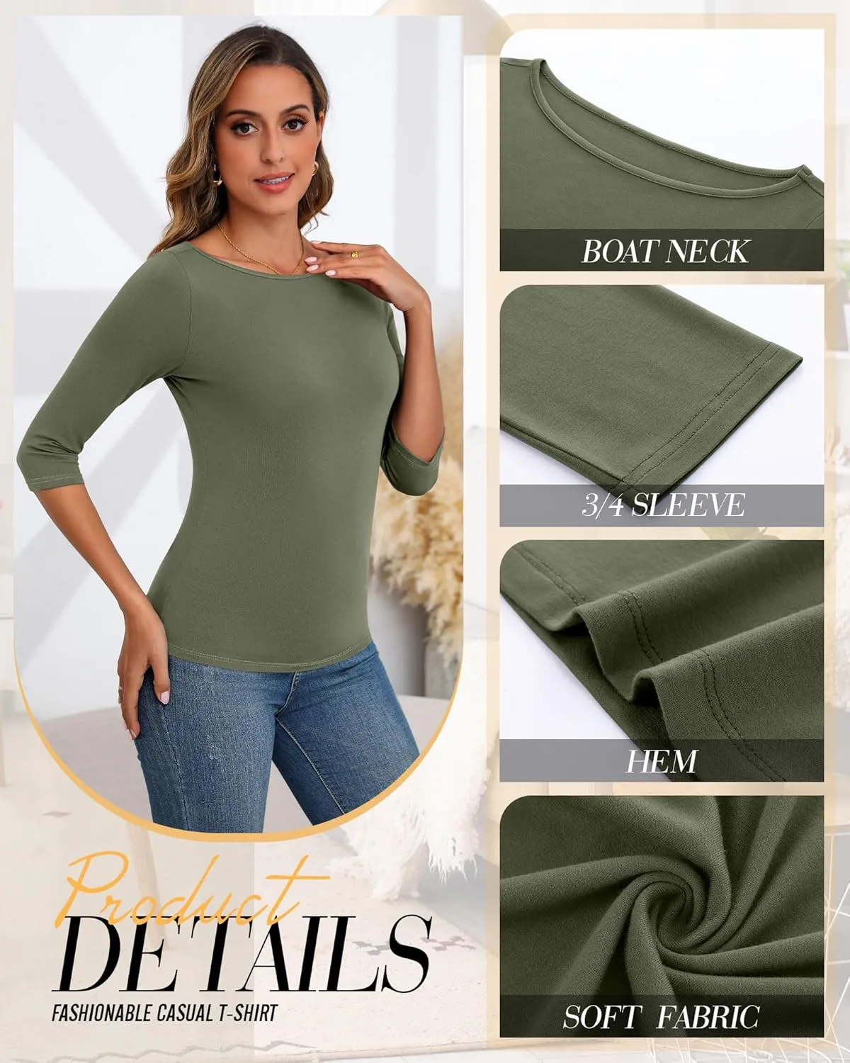 Ficerd 3 Pack Women's 3/4 Sleeve Boat Neck Cotton T Shirts Slim Fit Tight Basics Top Casual Comfy Tees
