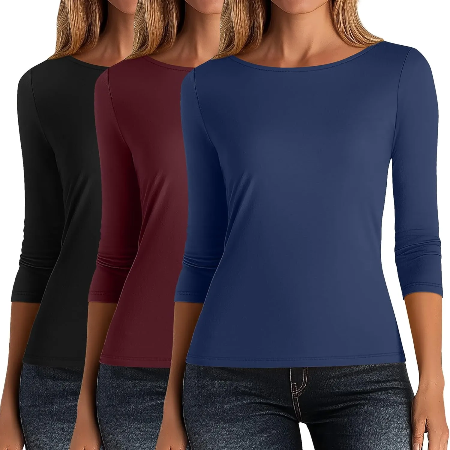 Ficerd 3 Pack Women's 3/4 Sleeve Boat Neck Cotton T Shirts Slim Fit Tight Basics Top Casual Comfy Tees