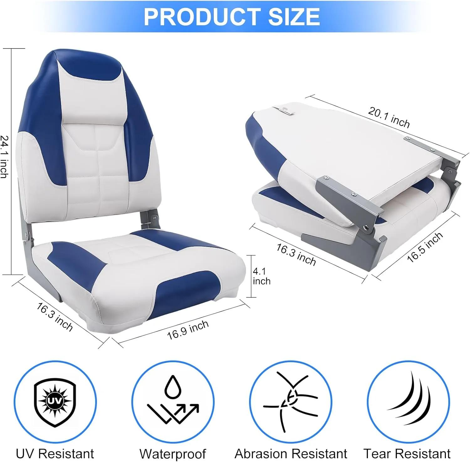 Fishing Boat Seats High Back, Folding Fishing Seat, Waterproof Boat Captain Chairs, Light Weight, Soft and Comfortable (Blue and White)