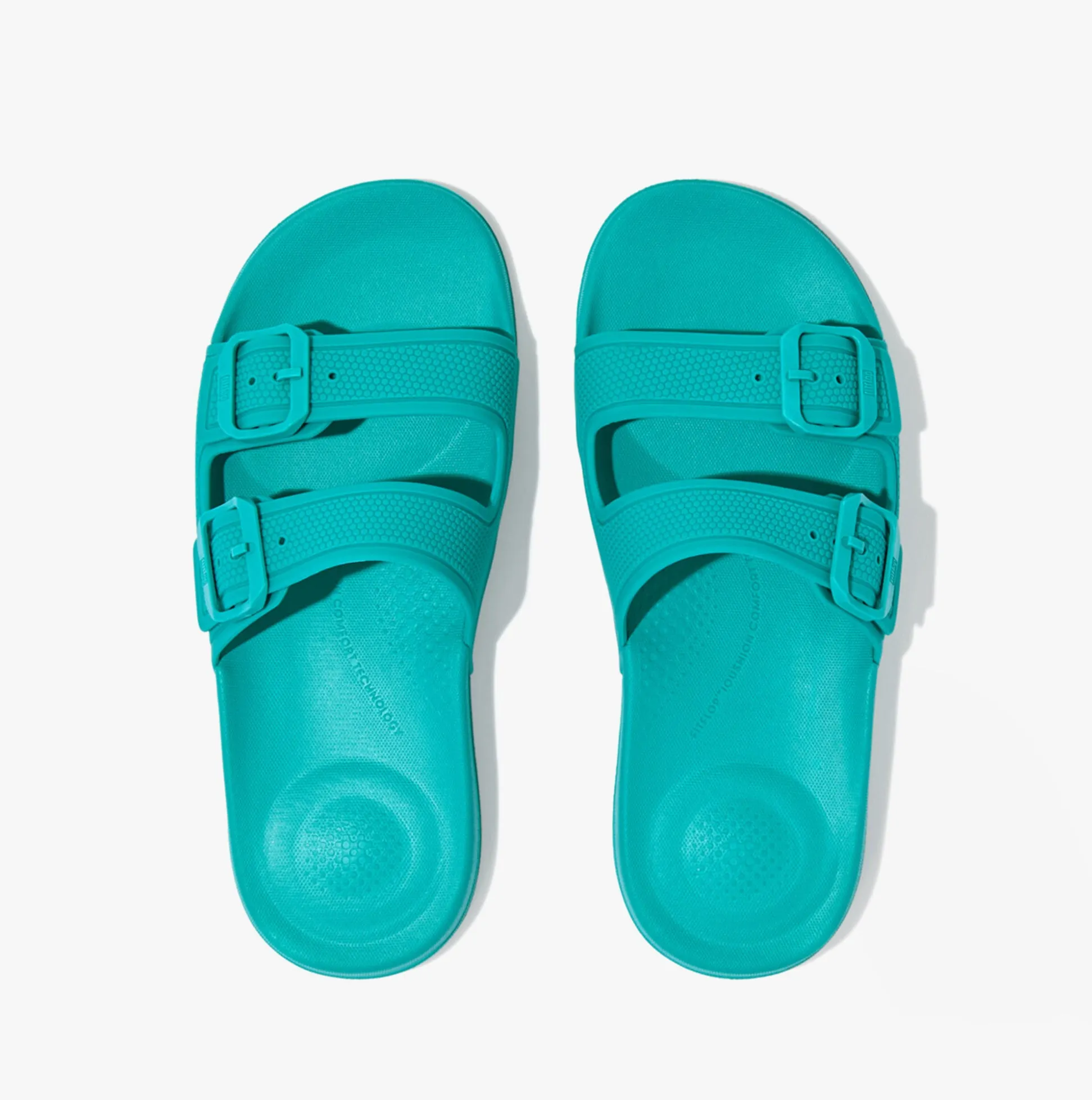 FitFlop iQUSHION TWO-BAR BUCKLE SLIDES Womens Tahiti Blue