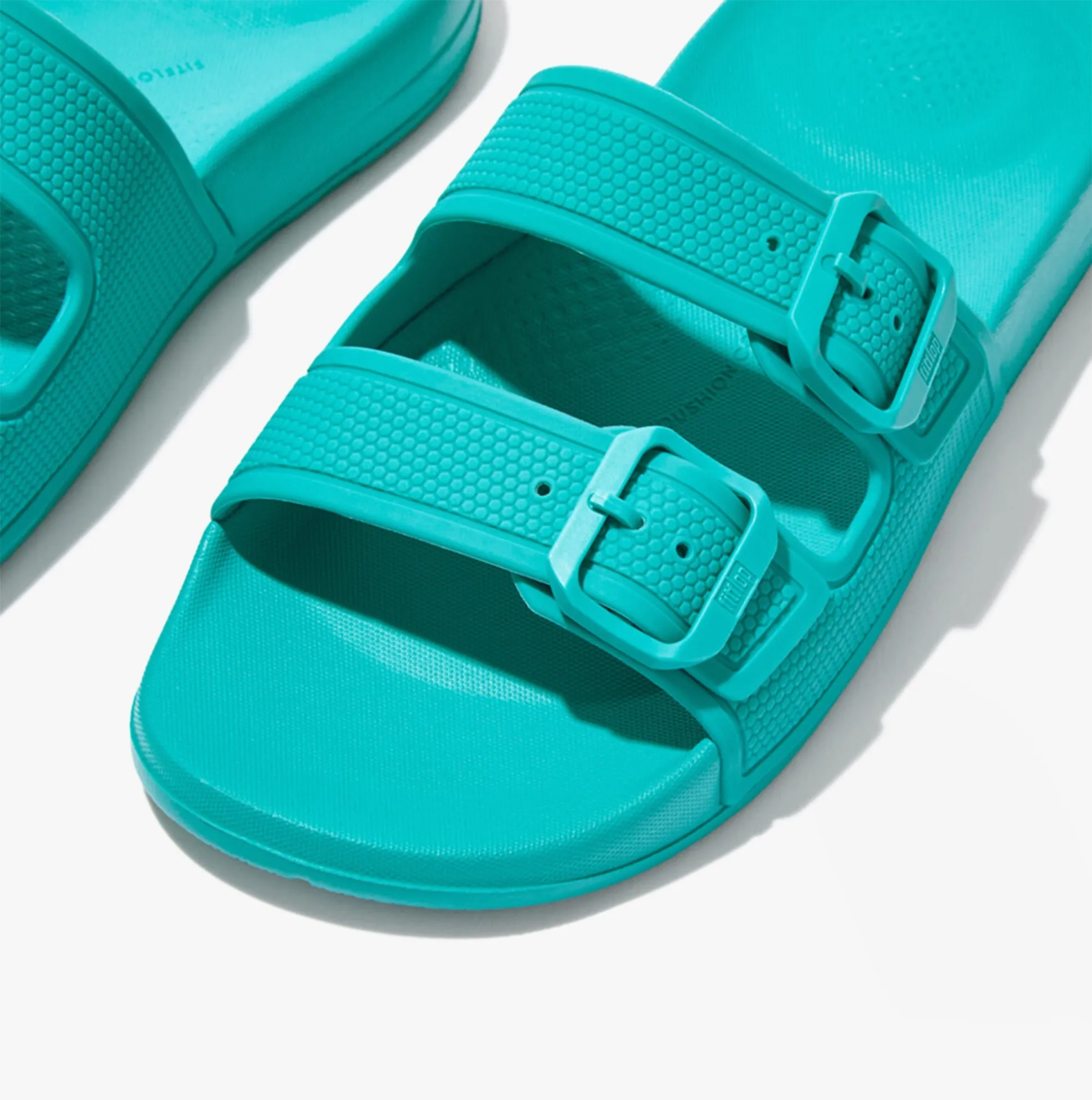 FitFlop iQUSHION TWO-BAR BUCKLE SLIDES Womens Tahiti Blue