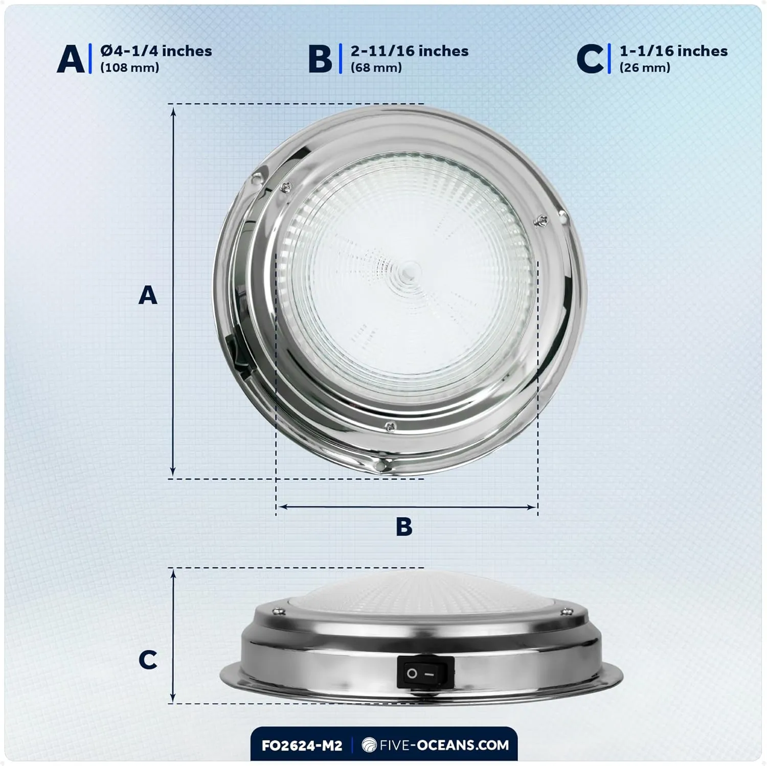 Five Oceans 4-Inch LED Marine Interior Dome Light, 2-Pack Round Stainless Steel Boat Cabin Light, Daylight White, On-Off Switch, 12V Surface Mount - FO2624-M2