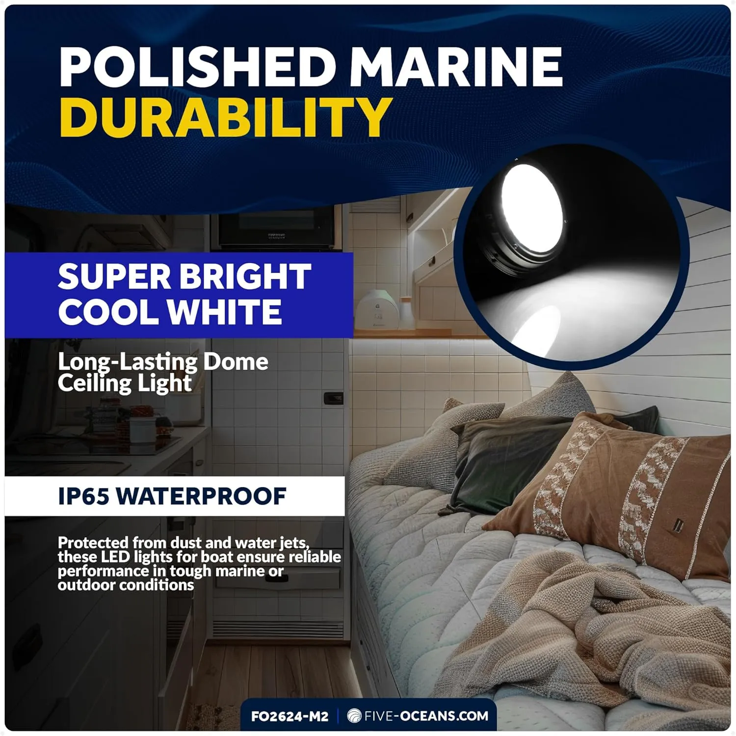 Five Oceans 4-Inch LED Marine Interior Dome Light, 2-Pack Round Stainless Steel Boat Cabin Light, Daylight White, On-Off Switch, 12V Surface Mount - FO2624-M2