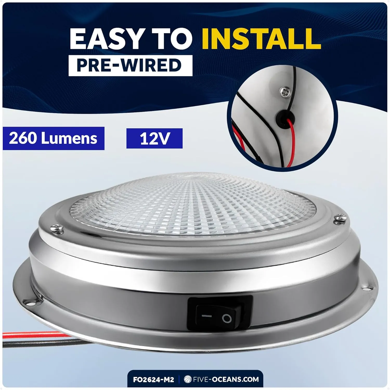 Five Oceans 4-Inch LED Marine Interior Dome Light, 2-Pack Round Stainless Steel Boat Cabin Light, Daylight White, On-Off Switch, 12V Surface Mount - FO2624-M2