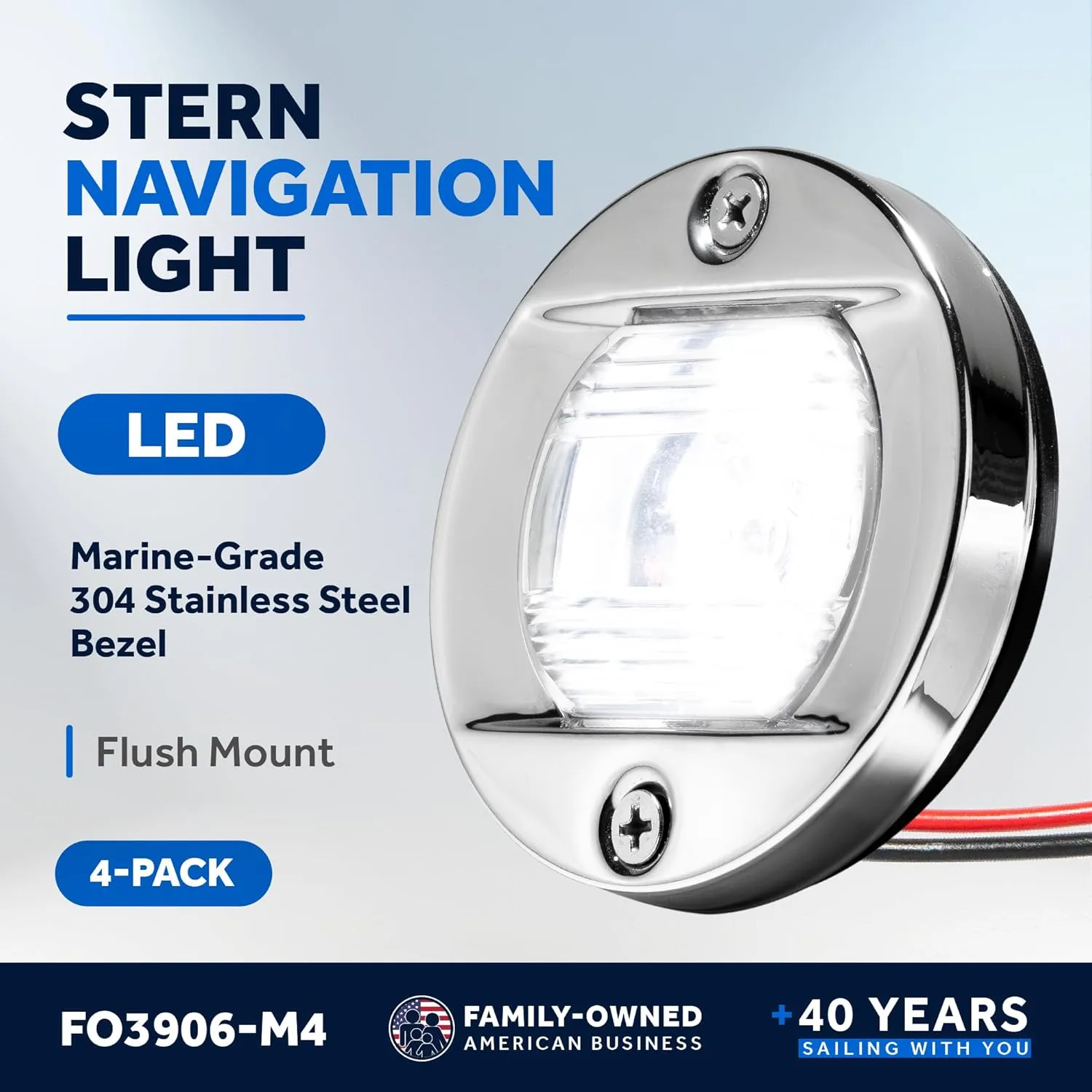 Five Oceans 4-Pack Boat Stern Light - Stern Lights for Boats, LED Marine Rear Boat Light, Marine Courtesy Lights Round 3-Inch Flush Transom Mount, 12-Volts - FO3906-M4