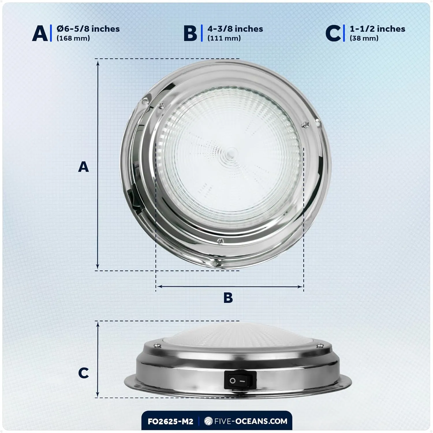 Five Oceans 6-Inch LED Marine Interior Dome Light, 2-Pack Round Stainless Steel Boat Cabin Light, Daylight White, On-Off Switch, 12V Surface Mount - FO2625-M2