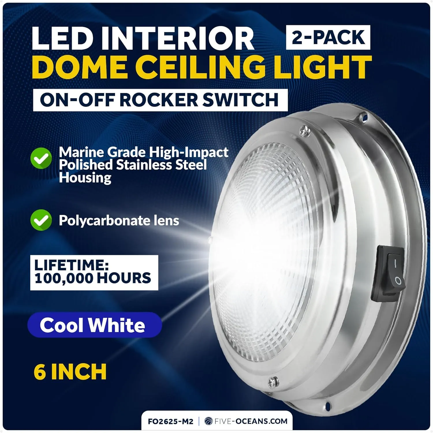 Five Oceans 6-Inch LED Marine Interior Dome Light, 2-Pack Round Stainless Steel Boat Cabin Light, Daylight White, On-Off Switch, 12V Surface Mount - FO2625-M2