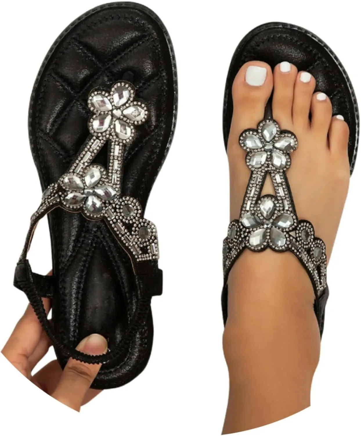 Flat Sandals for Women Boho Summer flip Flops Elastic Ankle Strap Rhinestone Sandals Comfortable Open Toe Wide Width Shoes