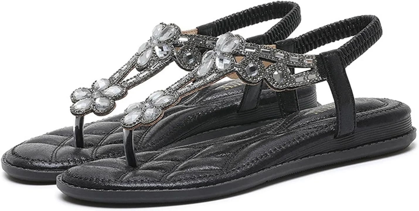 Flat Sandals for Women Boho Summer flip Flops Elastic Ankle Strap Rhinestone Sandals Comfortable Open Toe Wide Width Shoes