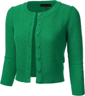 FLORIA Women's Button Down 3/4 Sleeve Crew Neck Cotton Knit Cropped Cardigan Sweater (S-3X)