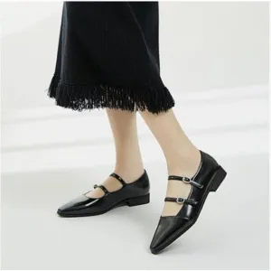 FOWT Black Square Toe Mary Janes Double Straps Comfy Flat Pumps Office Shoes