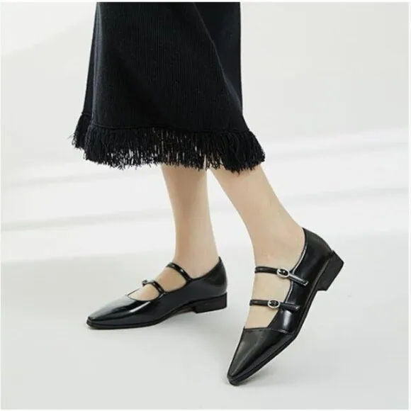 FOWT Black Square Toe Mary Janes Double Straps Comfy Flat Pumps Office Shoes