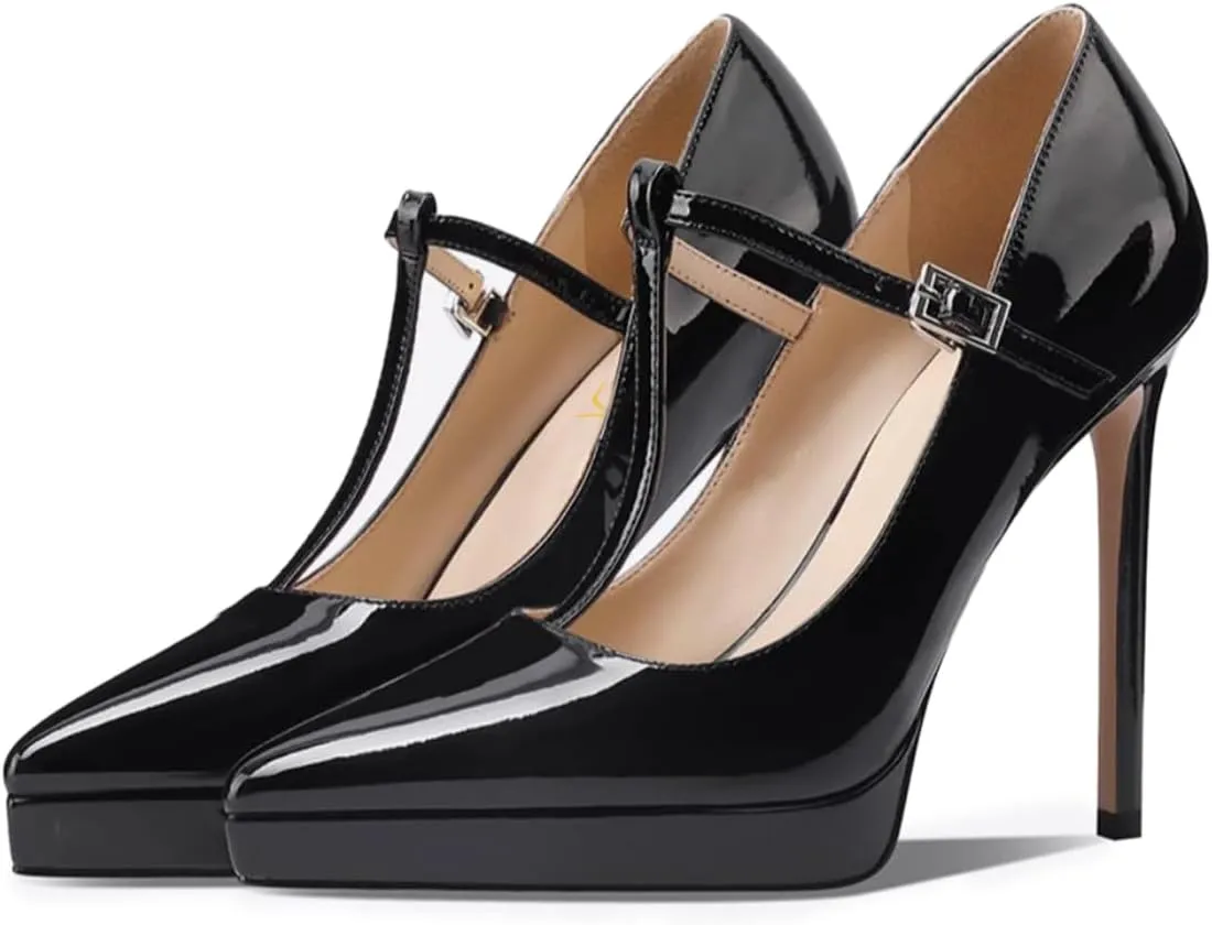FOWT Women Pointed Toe T-Strap Platform Pumps Stiletto High Heel Sexy Party Date Evening Dress Shoes Size 4-16 US