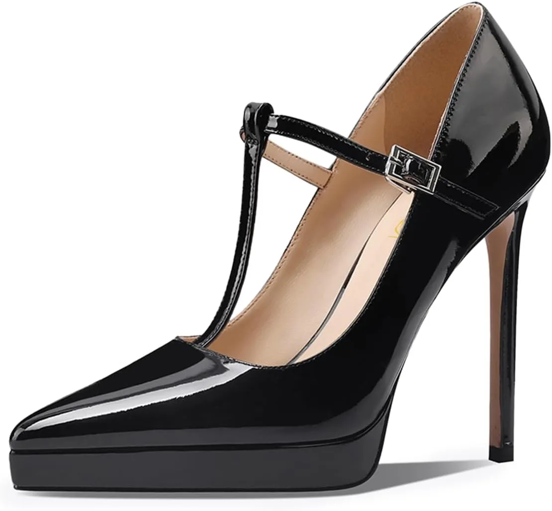 FOWT Women Pointed Toe T-Strap Platform Pumps Stiletto High Heel Sexy Party Date Evening Dress Shoes Size 4-16 US