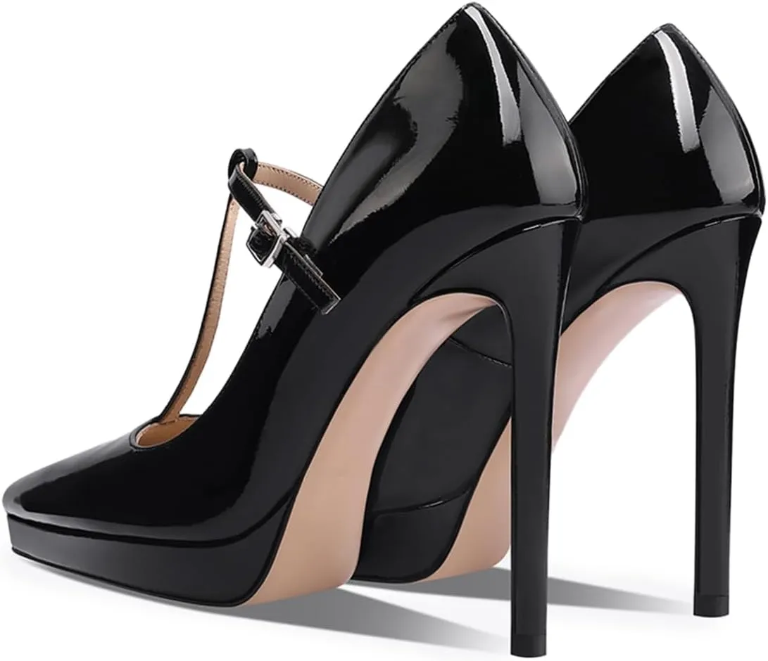 FOWT Women Pointed Toe T-Strap Platform Pumps Stiletto High Heel Sexy Party Date Evening Dress Shoes Size 4-16 US