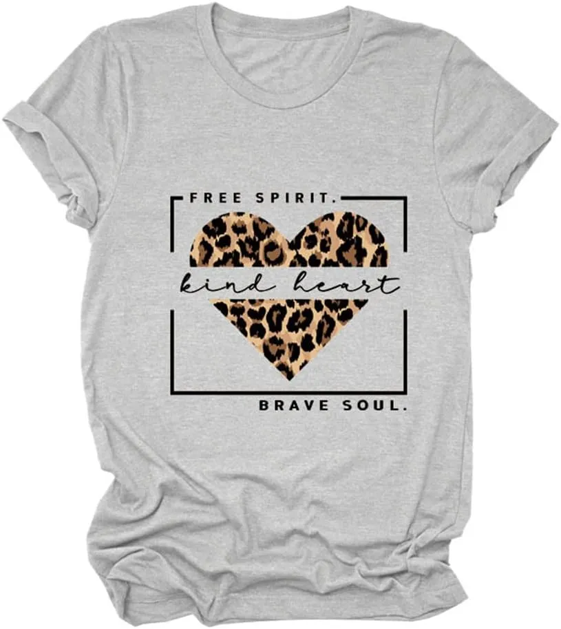 Free Spirit Kind Heart Brave Soul Shirts Women Leopard Heart Inspirational Saying T-Shirt Short Sleeve Tees Tops