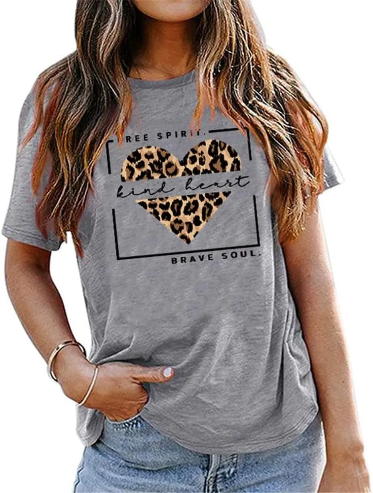 Free Spirit Kind Heart Brave Soul Shirts Women Leopard Heart Inspirational Saying T-Shirt Short Sleeve Tees Tops