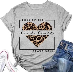 Free Spirit Kind Heart Brave Soul Shirts Women Leopard Heart Inspirational Saying T-Shirt Short Sleeve Tees Tops