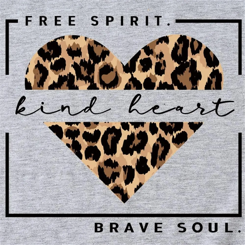Free Spirit Kind Heart Brave Soul Shirts Women Leopard Heart Inspirational Saying T-Shirt Short Sleeve Tees Tops