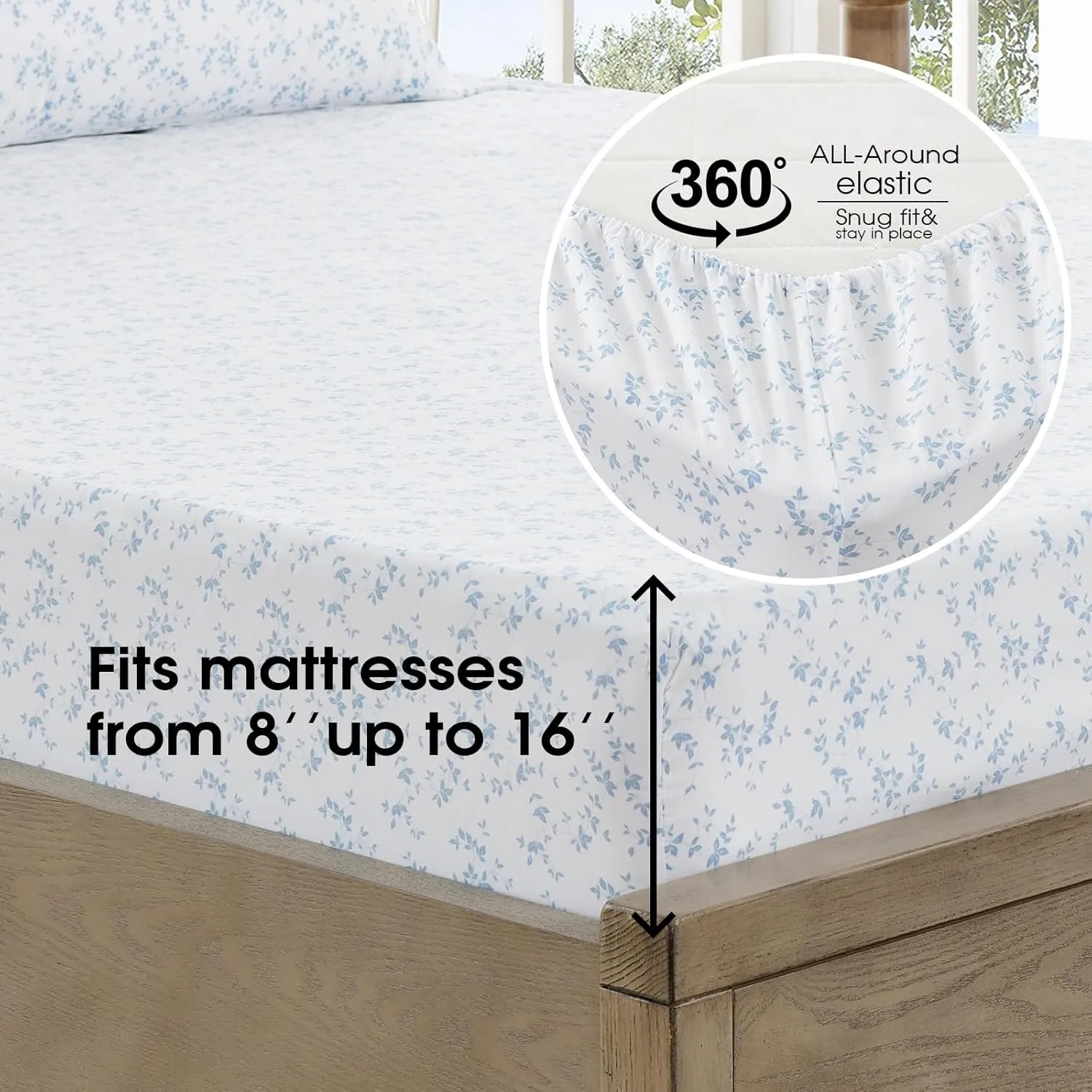 FreshCulture Floral Bed Sheets - Ultra Soft Queen Sheet Set - Brushed Microfiber Blue Floral Sheets - Deep Pockets up to 16" - Easy Care - Hotel Luxury 4 Piece Flower Printed Sheets Queen, Lille