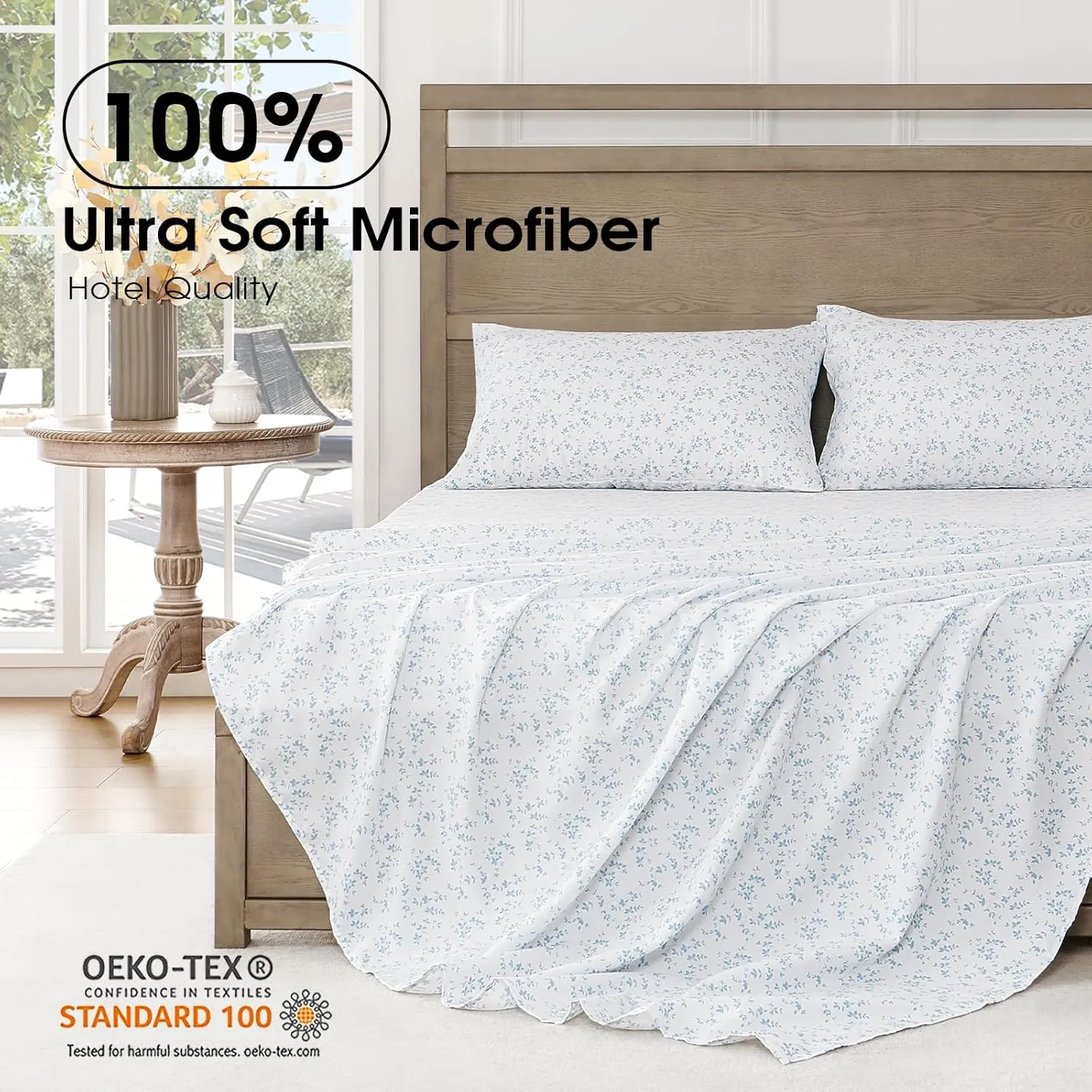 FreshCulture Floral Bed Sheets - Ultra Soft Queen Sheet Set - Brushed Microfiber Blue Floral Sheets - Deep Pockets up to 16" - Easy Care - Hotel Luxury 4 Piece Flower Printed Sheets Queen, Lille