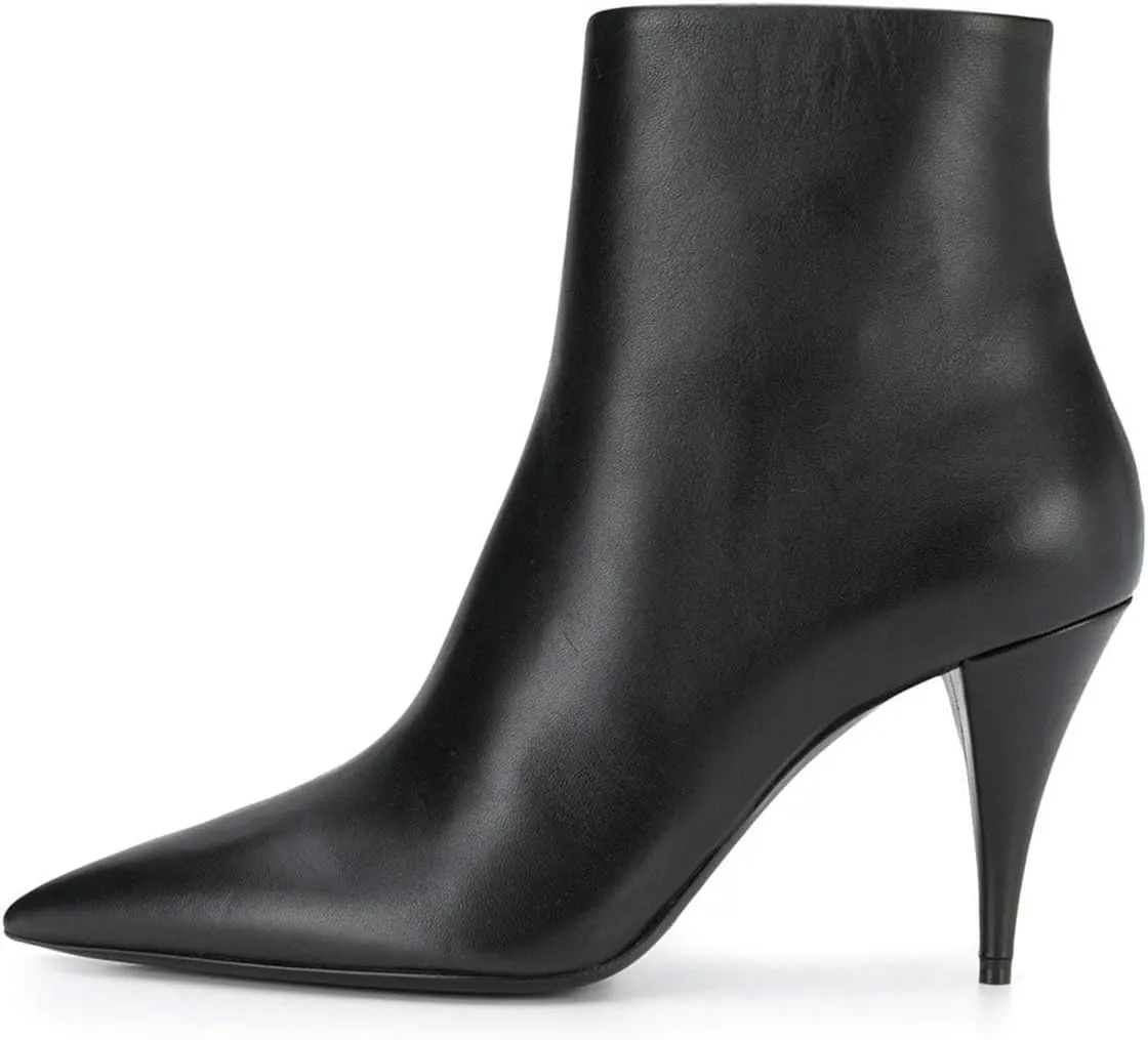 FSJ Women Classic Pointed Toe Ankle Boots High Cone Heel Leather Faux Suede Studded Rhinestones Leopard Short Booties Side Zipper Dress Shoes Size 4-15 US