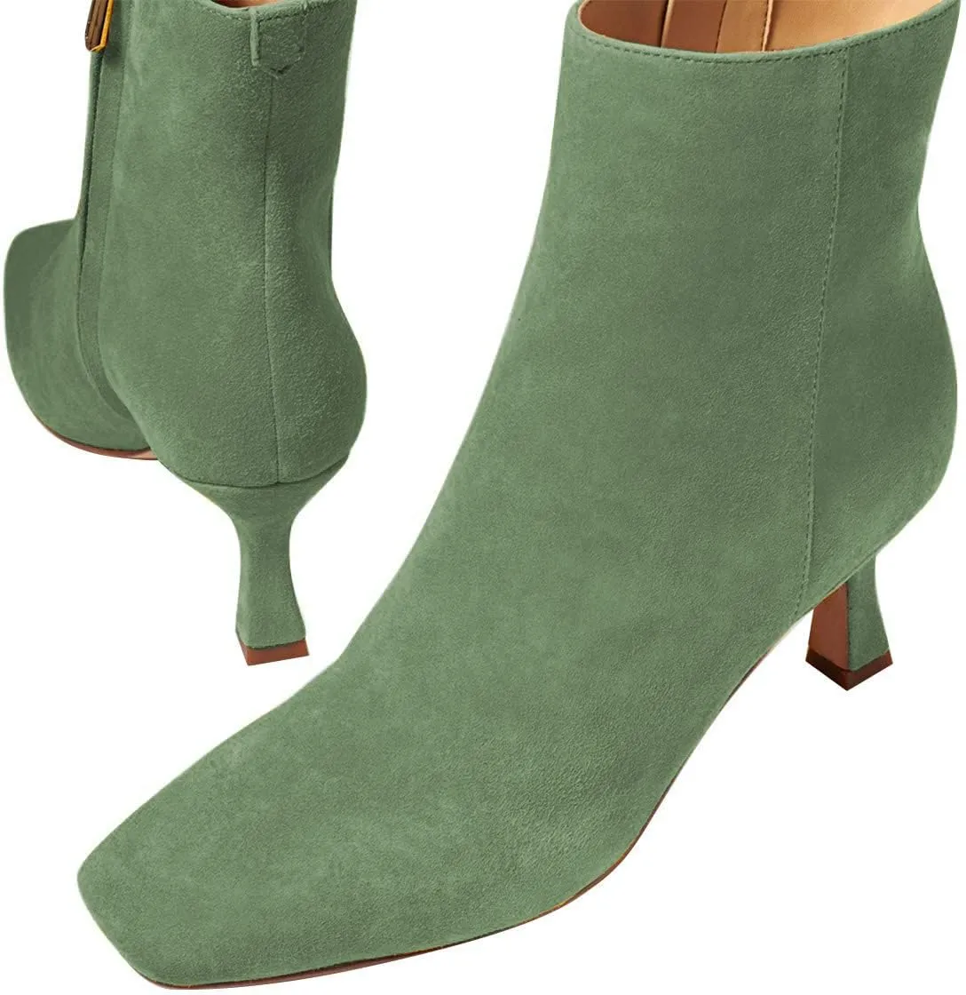FSJ Women Comfy Zipper Medium Spool Heels Square Toe Classic Pull On Office Boots Size 4-15 M US
