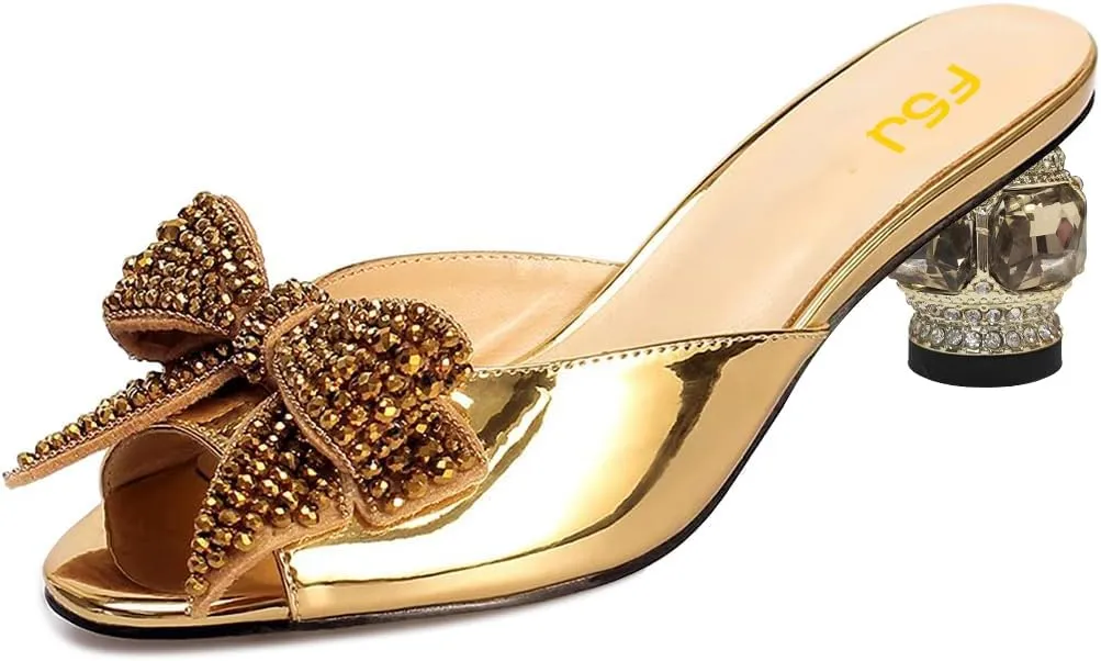 FSJ Women Rhinestone Bow Low Heel Mule Sandals Peep Toe Crystal Block Heel Slipper Shoes for Comfort Wedding Slides Size 4-16 US