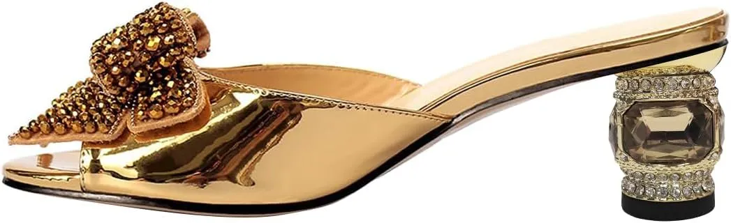 FSJ Women Rhinestone Bow Low Heel Mule Sandals Peep Toe Crystal Block Heel Slipper Shoes for Comfort Wedding Slides Size 4-16 US