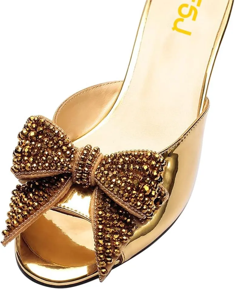 FSJ Women Rhinestone Bow Low Heel Mule Sandals Peep Toe Crystal Block Heel Slipper Shoes for Comfort Wedding Slides Size 4-16 US